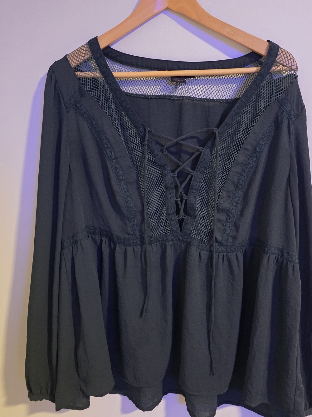 Love & Legend Black Lace-Up Mesh Boho Blouse Plus Size 16